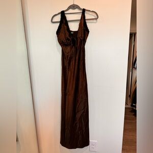 Brown and black satin lace maxi dress deep V size XS